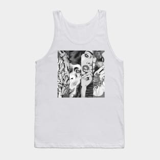 Dope four panels of animal human skulls and robots ink-prncil black-and-white illustration Tank Top